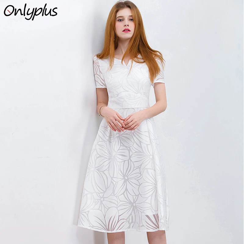 ONLY PLUS S-XXL Women White Dress Short Sleeve A-Line Midi Party Casual Elegant Knee Length Dresses 2018 | Женская одежда