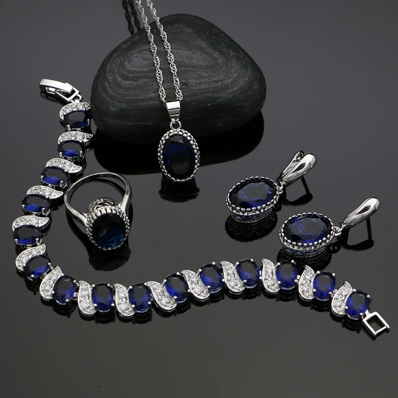 

Oval Blue Zircon White Crystal Wedding 925 Sterling Silver Jewelry Sets For Women Earrings/Rings/Bracelet/Necklace/Pendant