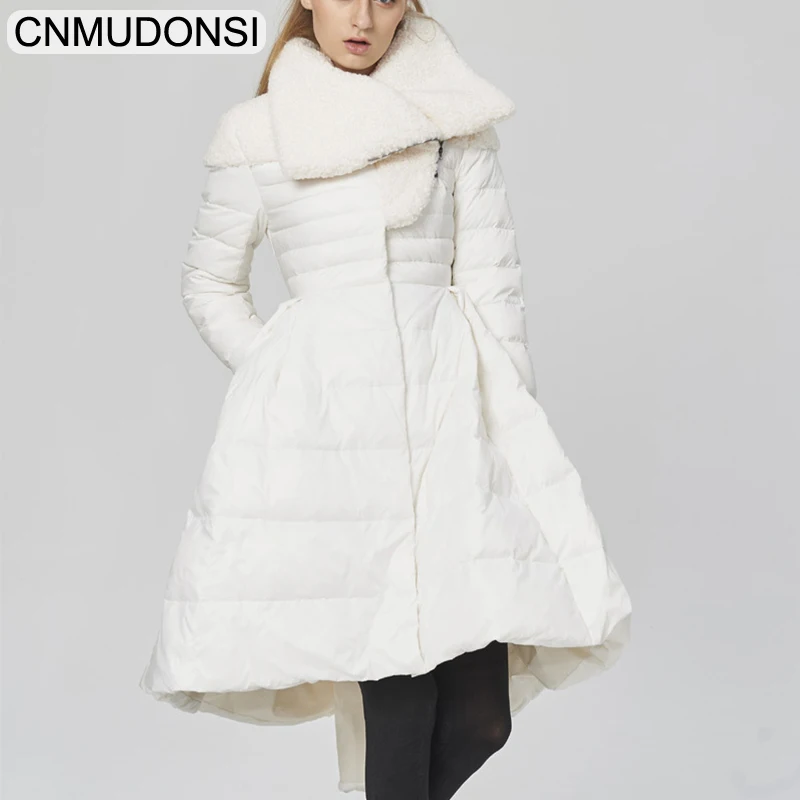

DMLFZMY Pleated Wave Skirt Style Women Down Jacket 2020 New Fashion Winter Long Slim Parka Coat Female Big Swing Ladies Outwear