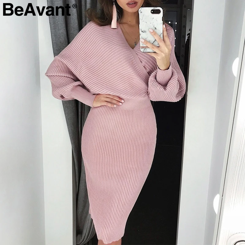 BeAvant Сексуальное Женское трикотажное платье с v образным вырезом осень зима рукав