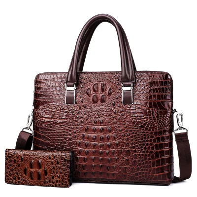 dark brown wallet Мужская роскошная сумка из натуральной воловьей кожи с узором «крокодиловая кожа», деловой кожаный портфель для ноутбука для мужчин, сумки на плечо - Цвет: dark brown wallet