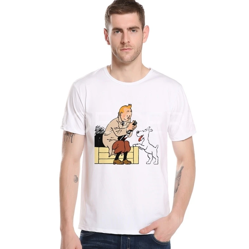 Тинтин Приключения классический анимации мультфильм футболка для мужчин рукав