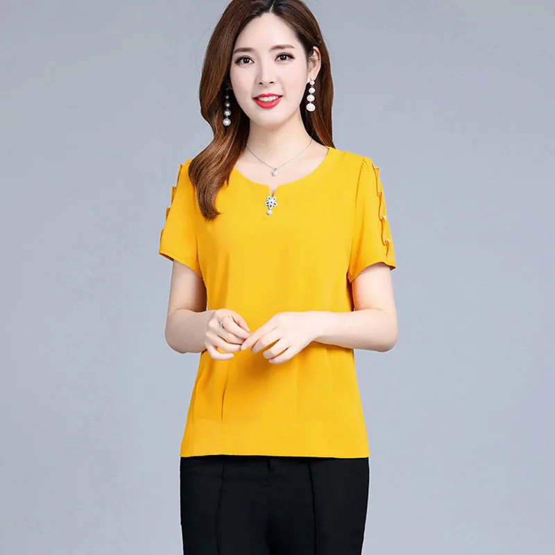 

Женские Летние шифоновые блузки рубашки, повседневные блузки с коротким рукавом и круглым вырезом, топы DD2650