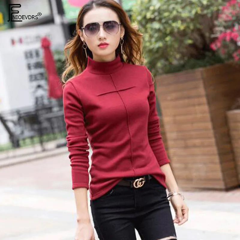 Winter Warm Velvet Tops Hot Sale Women Long Sleeve Slim Bodysuit Turtleneck Top Tee Black White Brown Velour Cotton T Shirt 1218 | Женская