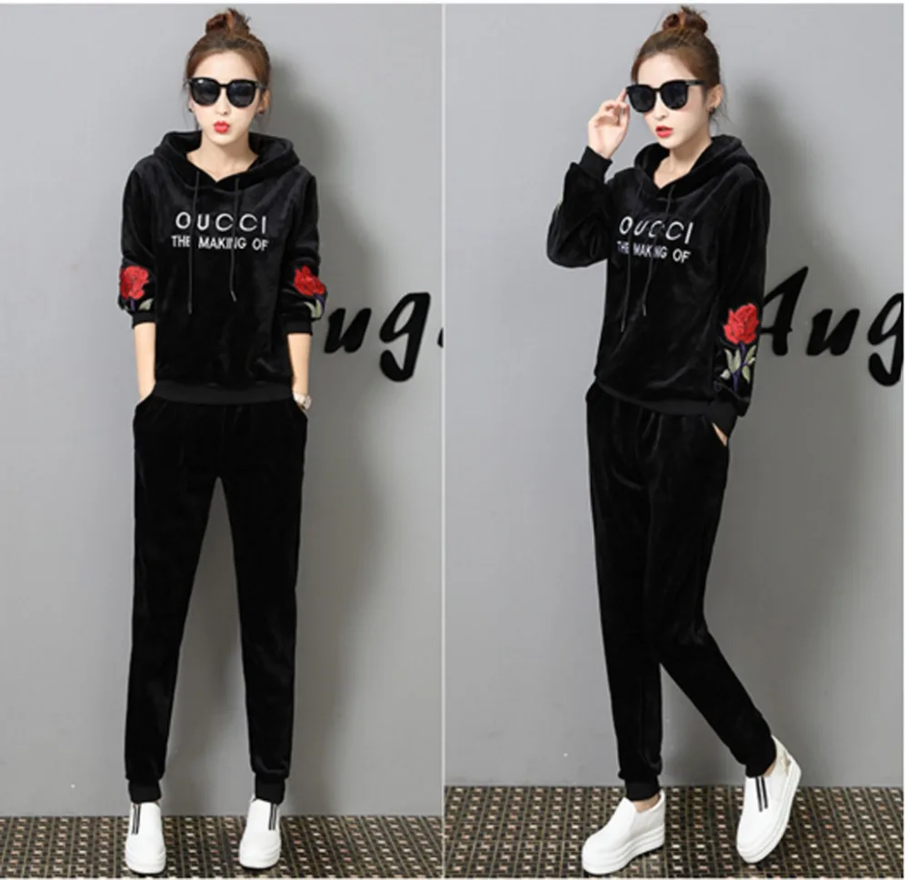 Для женщин зима комплект из двух предметов бархат с длинным рукавом капюшоном и