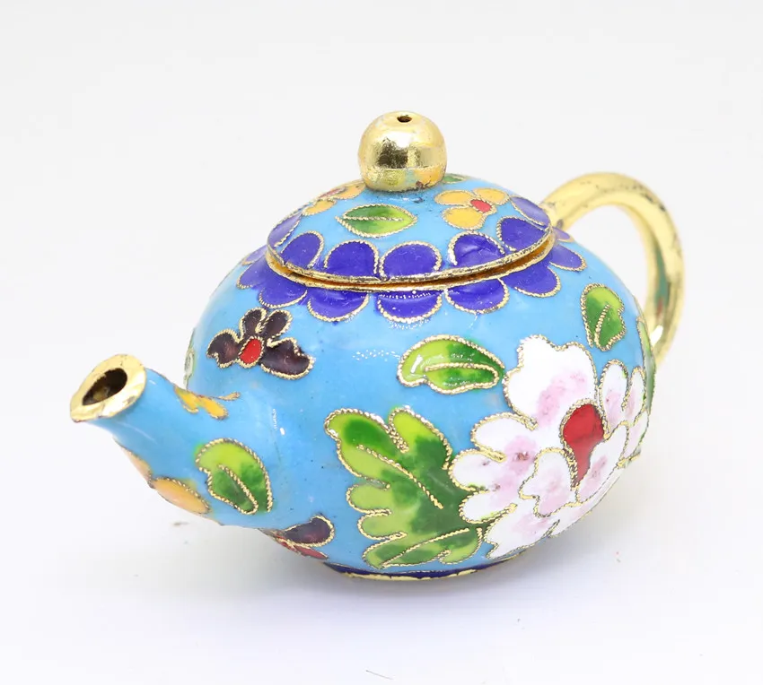 Chinese MiNi Ornament Cloisonne Enamel copper wire inlay green leaves pink white flower acid blue decoration gourd flagon H022 | Дом и сад