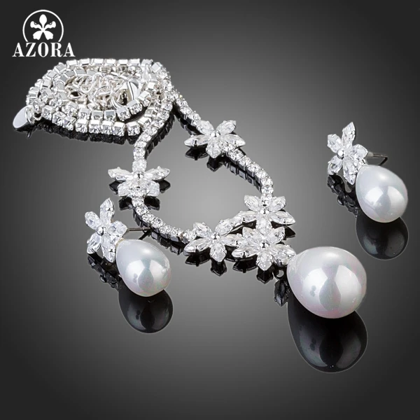 Азора цветок дизайн прозрачный CZ с жемчужные серьги в виде капель и ожерелье