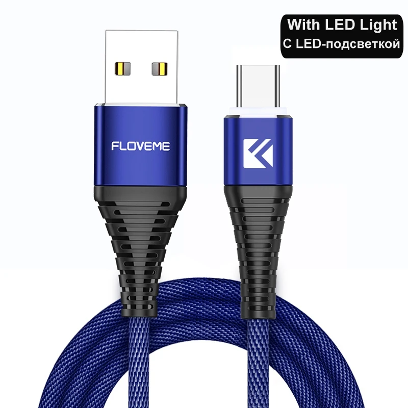Светодиодный кабель FLOVEME type-C для samsung Galaxy S10E S10 Plus, кабель usb type-C для быстрой зарядки Xiaomi Redmi MI8, Кабель зарядного устройства - Цвет: Blue With LED