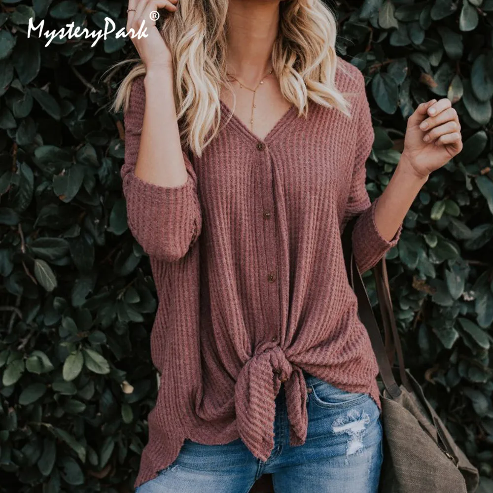 MysteryPark Women Casual Long Sleeve V Neck Thin T Shirt Top Spring New Open Stitch Cardigan Ladies Femme Outwear Button T-shirt | Женская