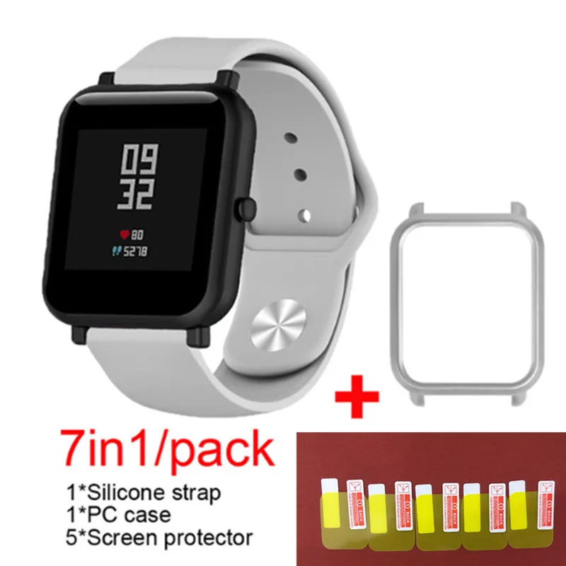 Gray 1 7в1 Мягкая силиконовая лента для Xiaomi Huami Amazfit Bip маленький ремешок браслет часы с PC чехол Защитная пленка для экрана - Цвет: Gray 1