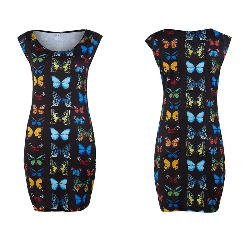 Женское облегающее платье с принтом бабочки короткое мини без рукавов круглым