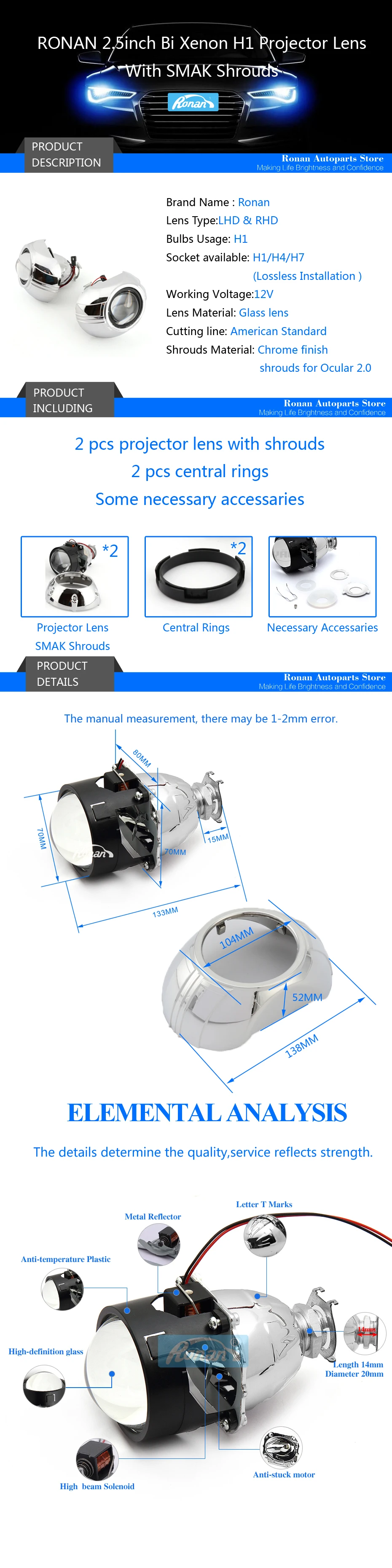 RONAN 2," Bi xenon HID H1 фары объектив проектор 7,1 8,1 8,0 SMAX кожухи автомобиля Стайлинг для автомобиля модификация
