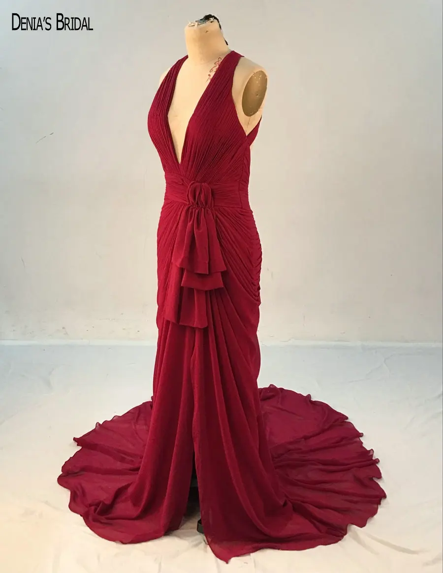 2017 Mermaid Red Chiffon Evening Dresses with V Neckline Sleeves Pleats Floor Length Sweep Train Party Prom Gowns | Свадьбы и