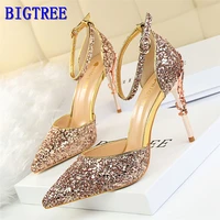 bigtree hot star bling ankle buckle women sandals fashion carved metal heels party shoes pointed shallow high heeled shoes woman