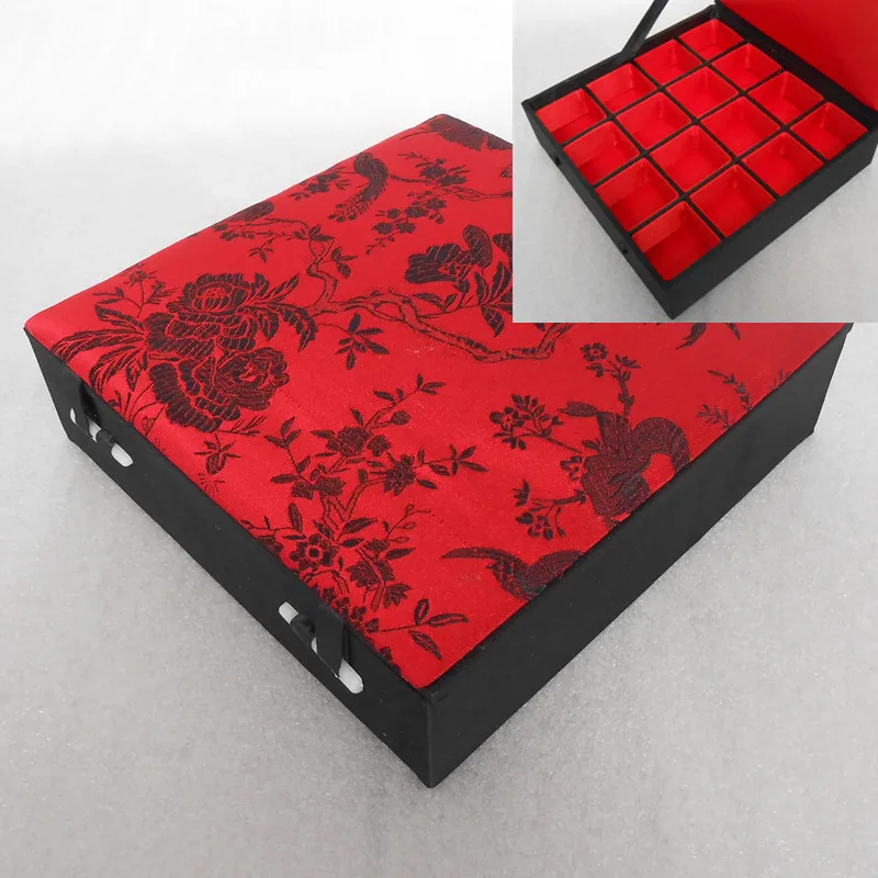 Decoration 16 Grid Slots Wood Ring Box Silk Brocade Jewelry Storage Case Earring Pendant Organizer Box Wedding Birthday Gift