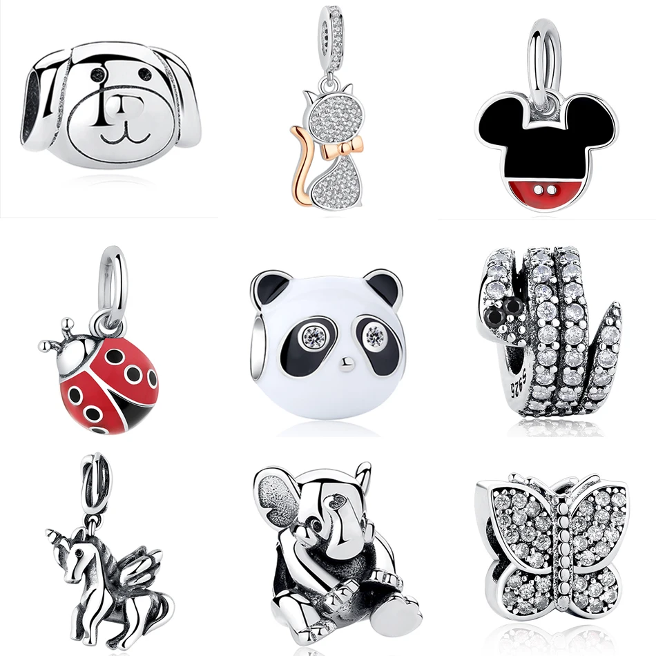 Серебряные бусины 925 пробы Собака Золотой Кот панда змея лошадь Fit Pandora Шарм серебро 925 Аутентичные ювелирные изделия для создания браслетов