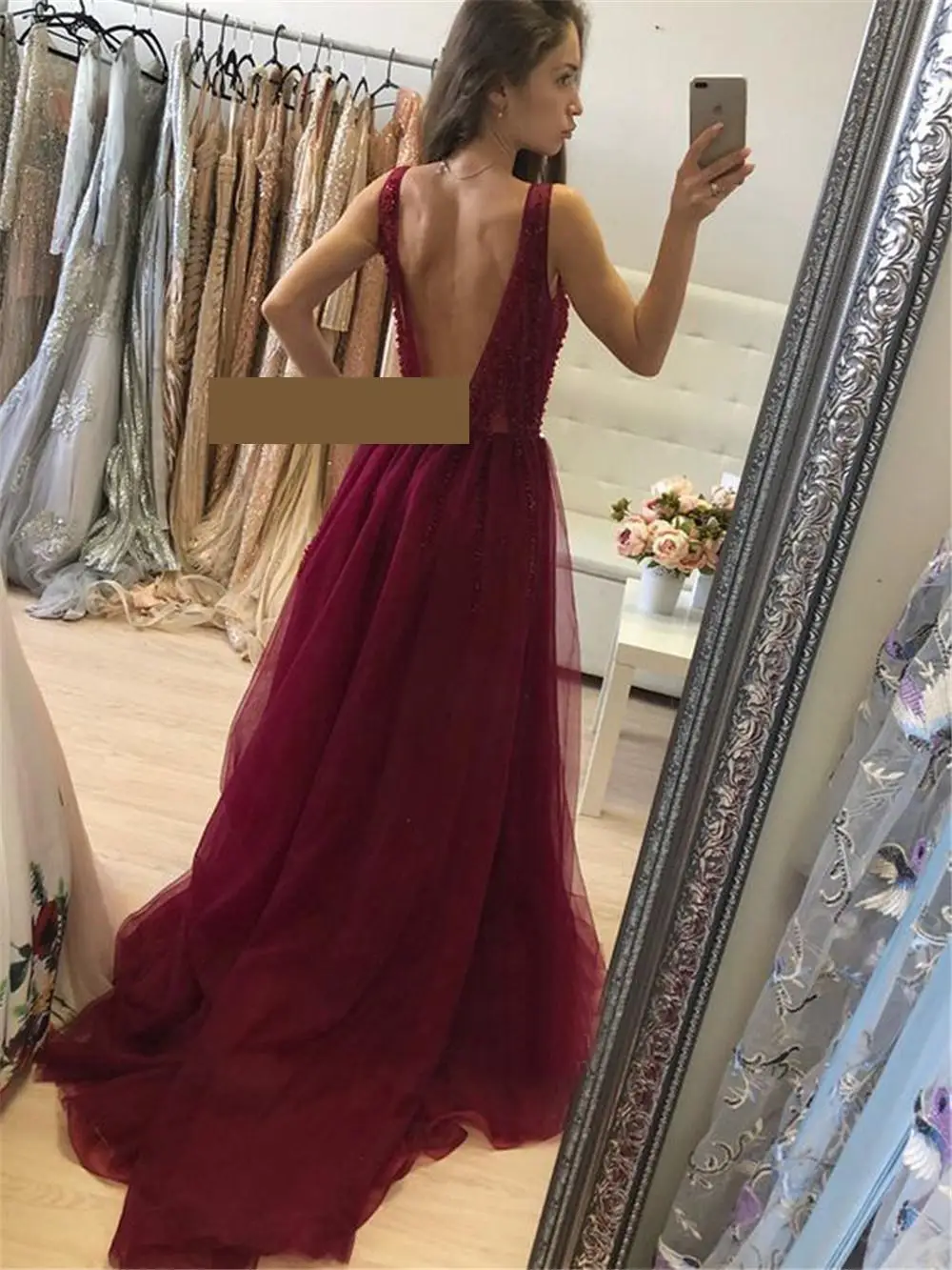 Женское длинное вечернее платье фиолетовое Тюлевое трапециевидной формы с