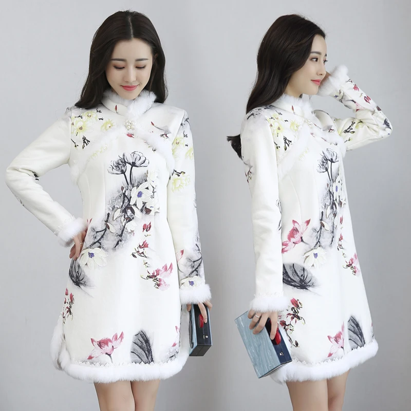 Утолщенное бархатное платье qipao из овечьей шерсти и в китайском национальном