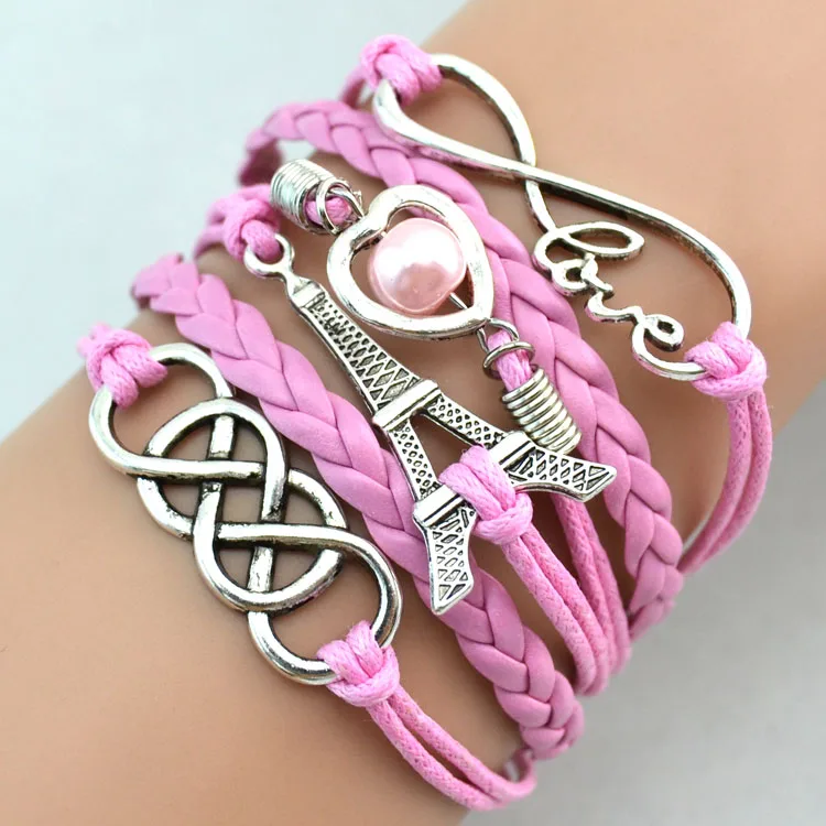 Женский модный браслет Бесконечность Любовь Сердце Эйфелева башня серебряный