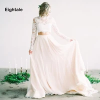 eightale two piece beach wedding dress boho high neck appliques lace top a line chiffon bridal dress wedding gowns with sleeves
