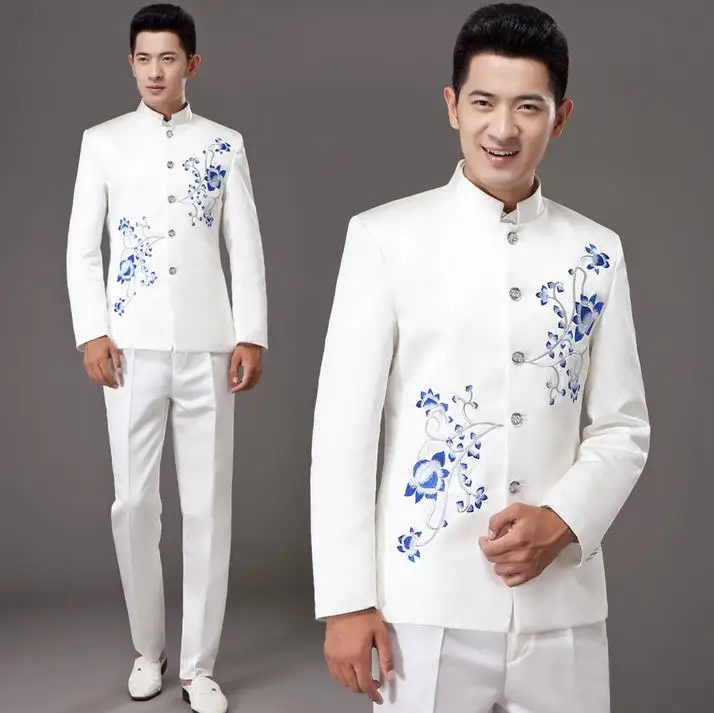 White stand collar porcelain costume slim men chinese tunic suit set with pants mens suits wedding groom formal dress suit +pant