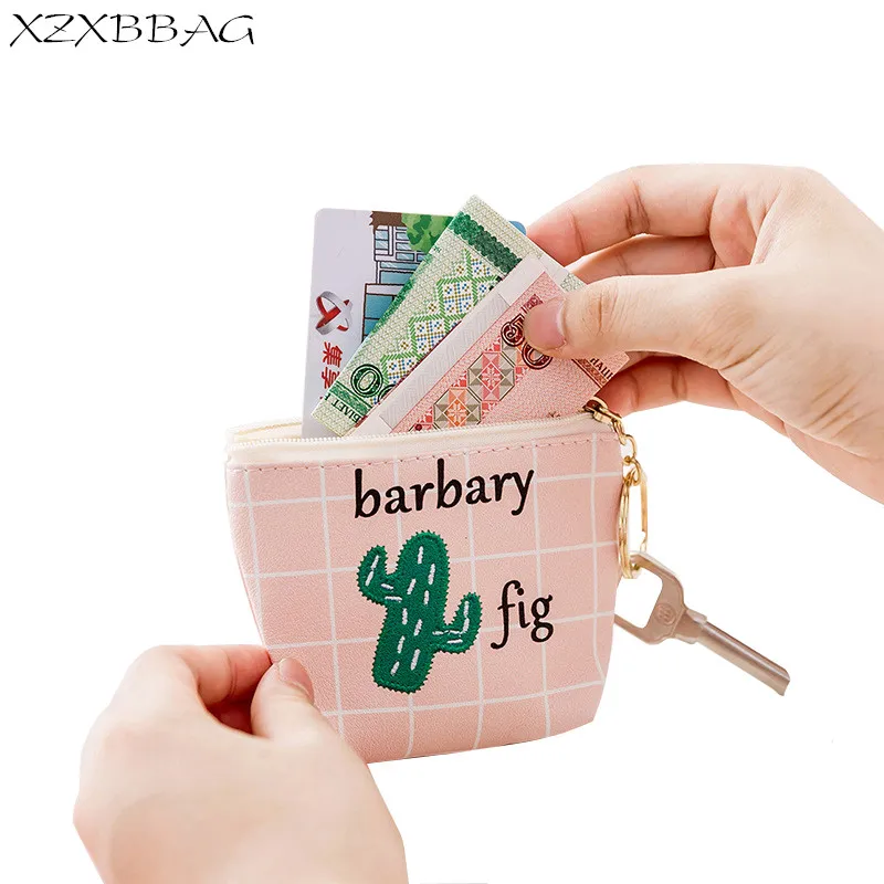 

XZXBBAG PU Leather Women Coin Purse Cute Plant Cactus Zipper Pouch Small Wallet Student Girls Mini Keychain Zero Wallet XB275