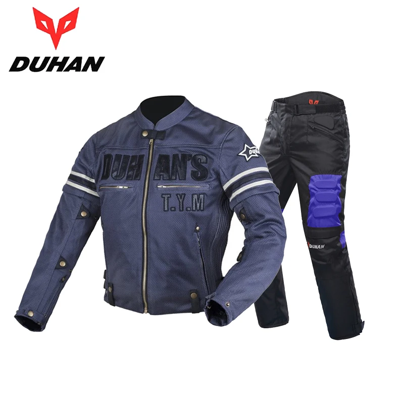 Blue One Set DUHAN мотоциклетная куртка Мужская дышащая сетчатая гоночная летняя мотоциклетная куртка для езды на мотоцикле одежда со съемным защитным механизмом - Цвет: Blue One Set