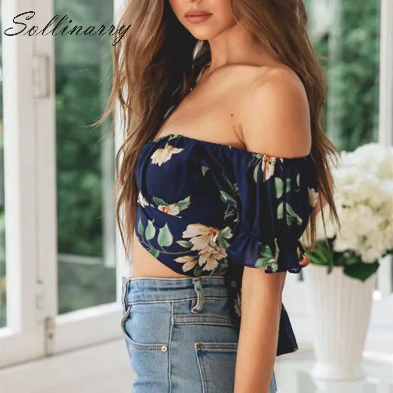 Sollinarry с открытыми плечами сексуальный топ и блузки для женщин Boho короткий рукав
