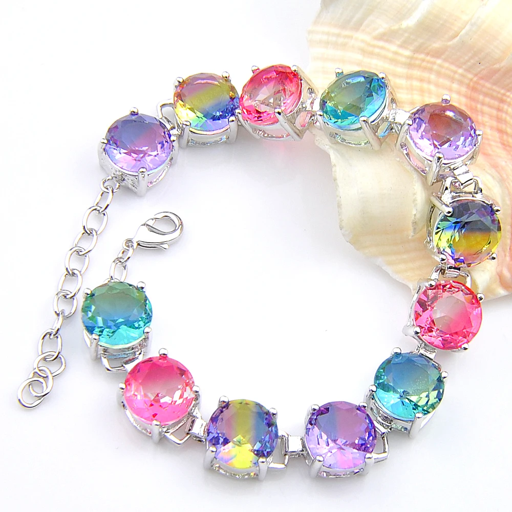 Luckyshine огонь новые круглые BI-COLORED турмалин кристалл Циркон драгоценный камень серебряные цепи браслеты Россия Австралия свадебные браслеты