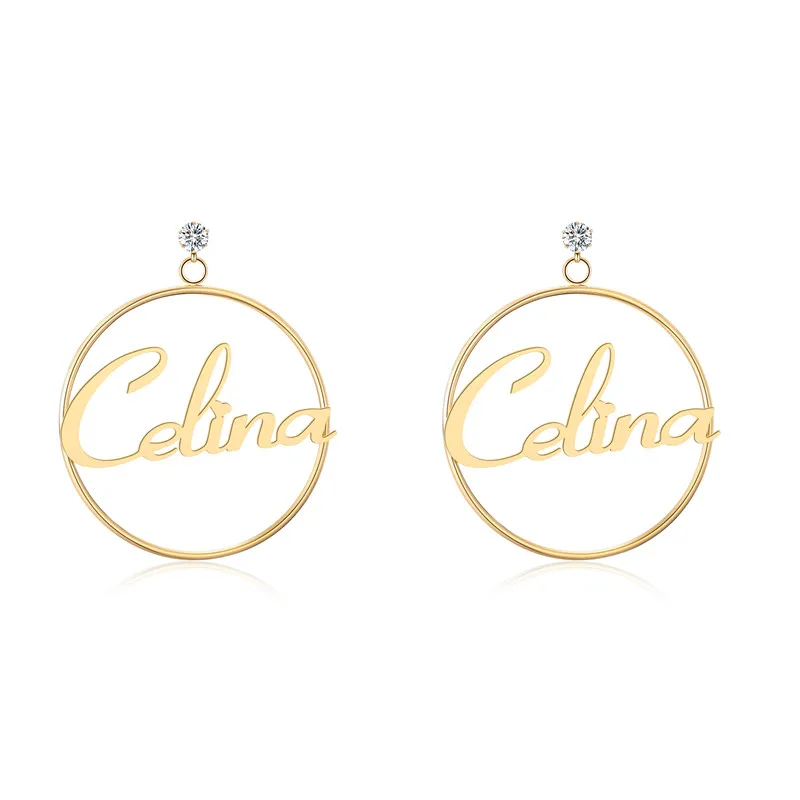 

Zircon Stainless Steel Custom Name Earrings Personalized Big Nameplate Handmade Jewelry For Women Girls Round Circle Oorbellen