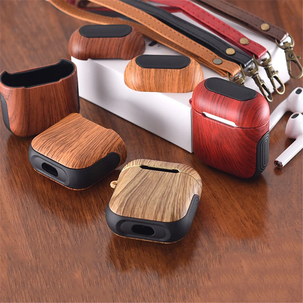 Чехол из поликарбоната в стиле ретро с деревянной текстурой для AirPods, классический защитный чехол для Air Pods, Bluetooth, беспроводная гарнитура, жесткий корпус с ремешком