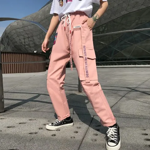 pink WKOUD женские брюки-карго на завязках, на талии, с буквенным принтом, спортивные штаны, розовые, с большими карманами, по щиколотку, брюки, женские брюки, P8918 - Цвет: pink