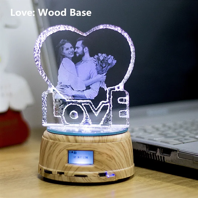 LOVE Wood base Персональный светодиодный ночной Светильник для фото, деревянная основа, кристальная фотография, MP3 музыкальный поворотный дисплей, Bluetooth лампа, RGB пульт дистанционного управления для подарка - Испускаемый цвет: LOVE Wood base