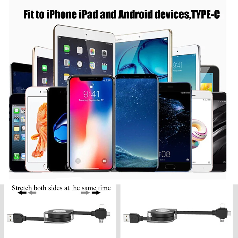 Выдвижной 3 в 1 usb-кабель для зарядки для Apple TYPE C Android Tablet Sync charger