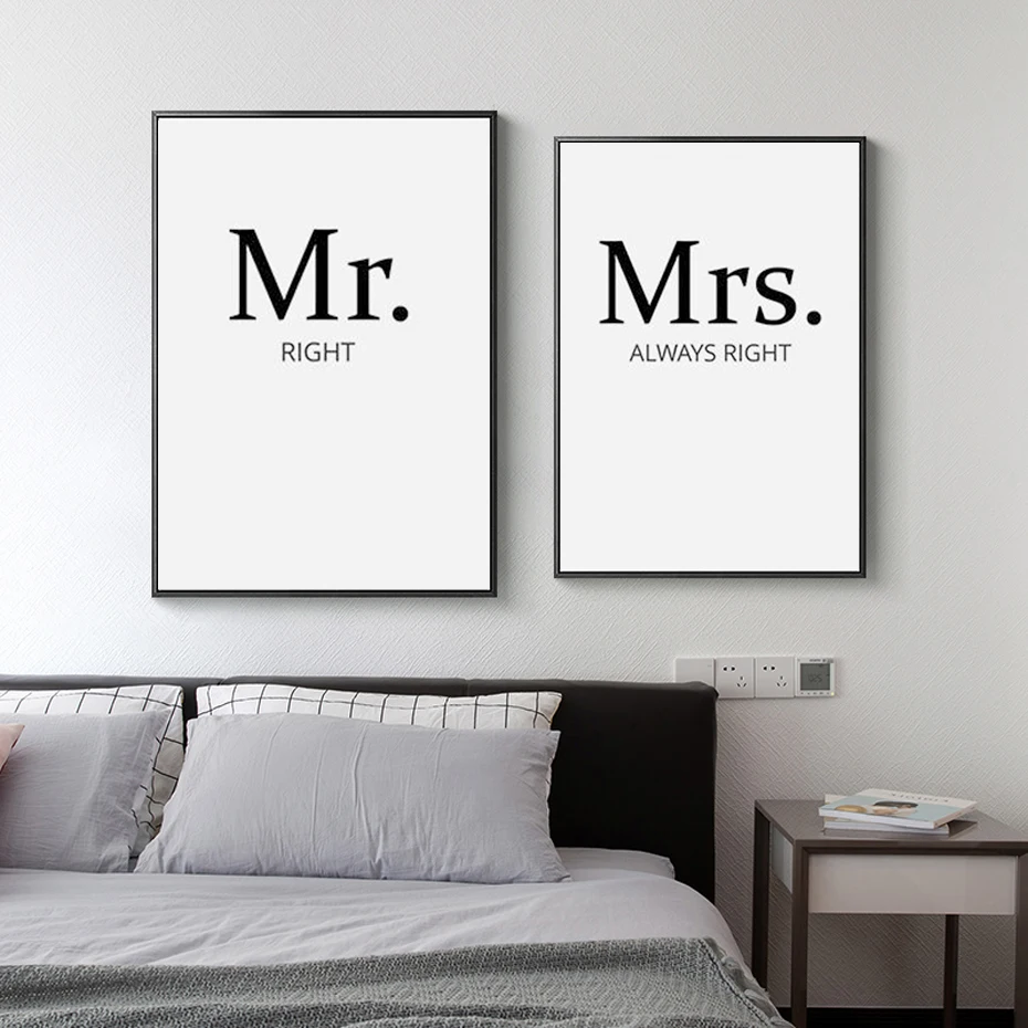 SURELIFE Mr right Mrs always пары искусство стены принты картины на холсте цитаты черные