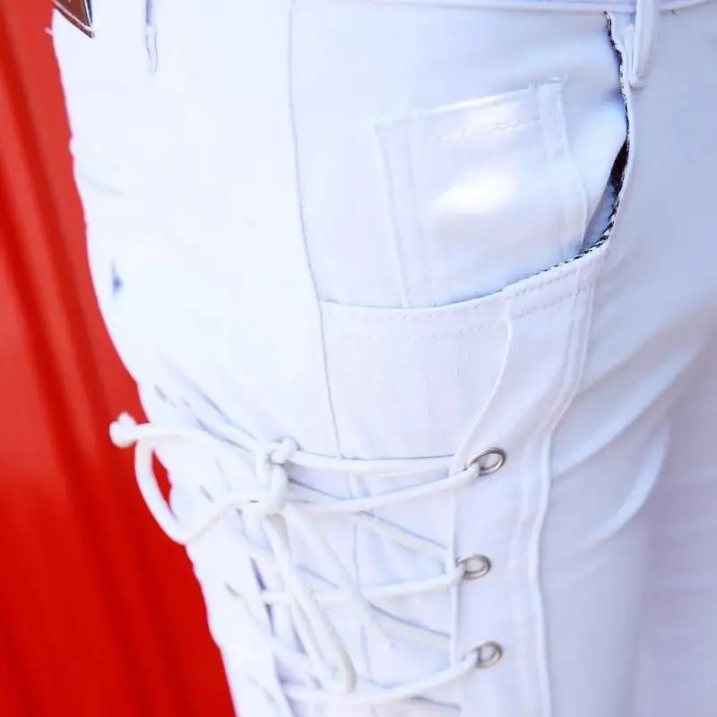 

Idopy New Skinny Jeans Men Punk Lace Up Party Dance Gothic Hip Hop Cool Steampunk Stretchy Denim Pants For Hipster