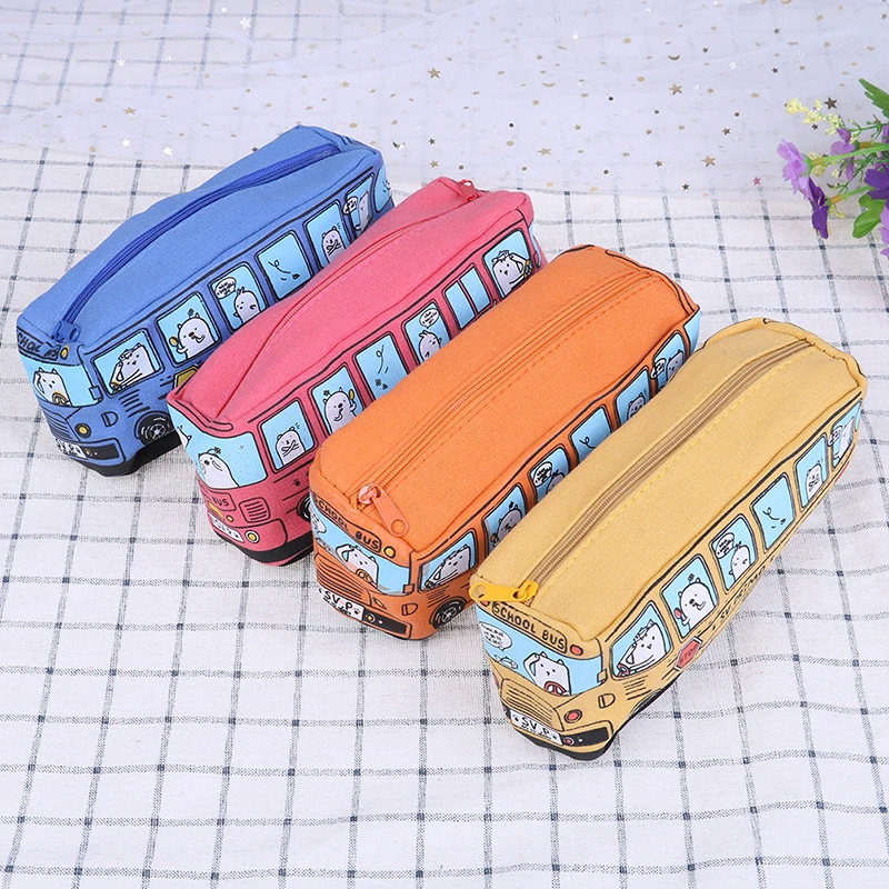Коробка для карандашей с креативным дизайном "Милый школьный автобус", изготовленная из холста, подарок для детей, школьные принадлежности - 1 шт.