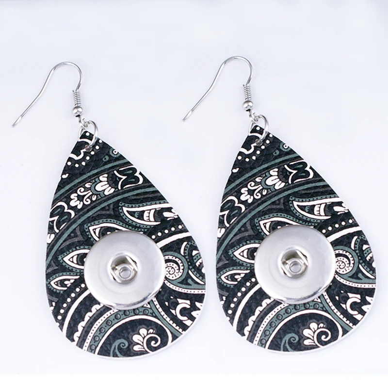 FH6222 classical Bohemia flower water drop PU Leather 18mm Snap Button Jewelry earrings European and American style | Украшения и