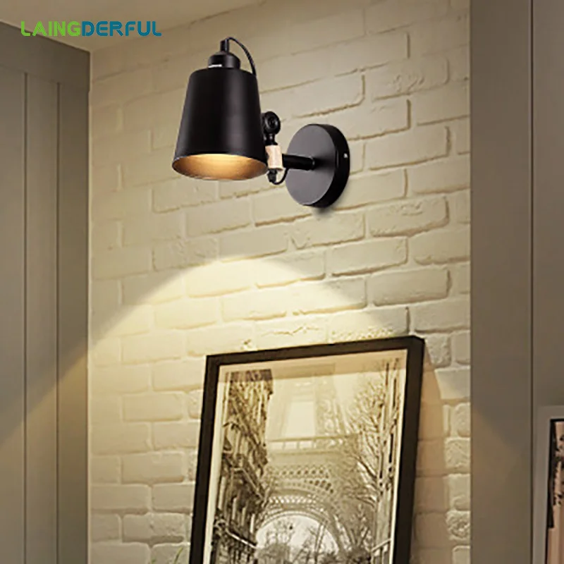 

LAINGDERFUL LED Wall Lamps Abajur for Living Room Wall Sconces Light E27 Nordic Wooden Belt Wall Light White/Black