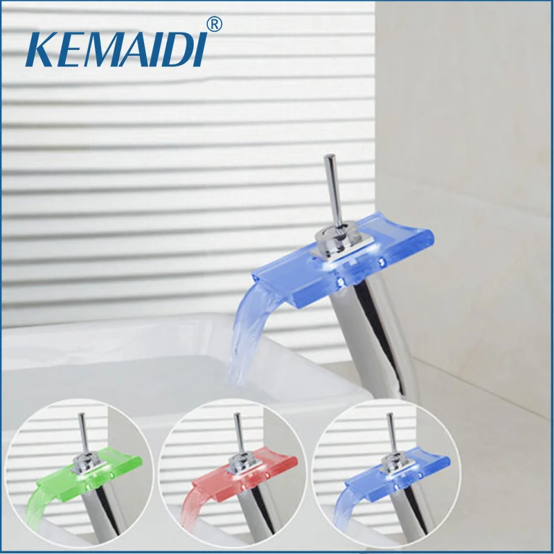 

KEMAIDI Bathroom Faucets Deck Mount Mixer Waterfall LED Light Basin Sink Vessel Vanity Sink Faucet Water Tap