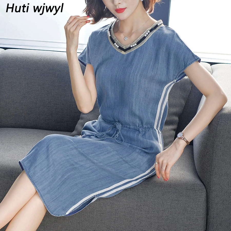 2019 корейские женские винтажные шикарные джинсовые платья с v-образным вырезом