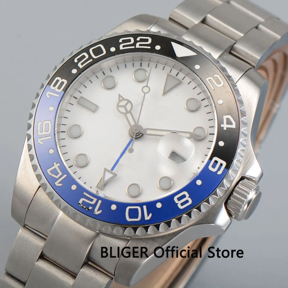 

Мужские часы с сапфировым стеклом 40 мм, белый стерильный циферблат, синий, черный, керамический Безель, светящийся, стандартный механизм авт...