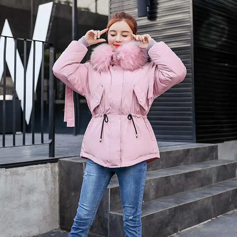 Fitaylor Women Short Winter Cotton Parkas Hooded Warm Loose Jacket Coat Large Fur Collar Cotton Padded Jacket Casual Outerwear - Цвет: Pink
