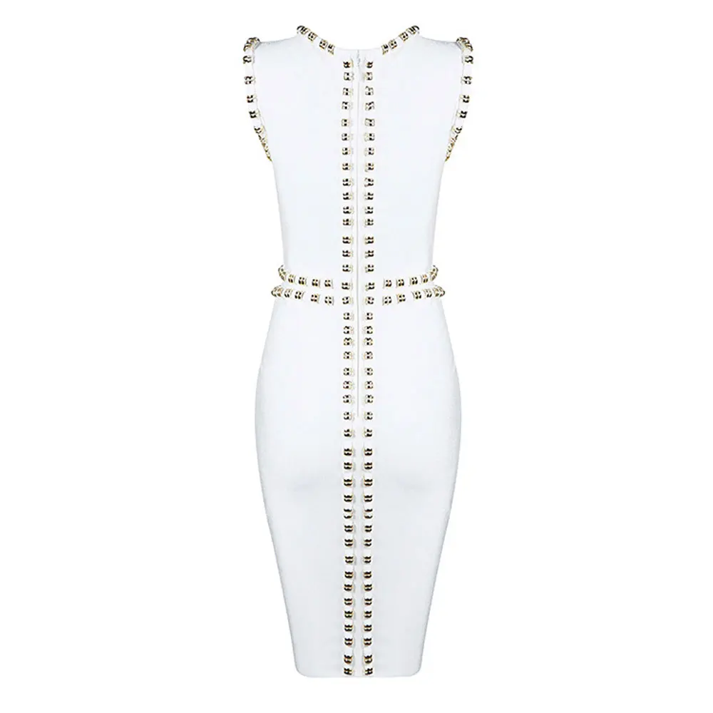 Белый цвет вид спереди сплит-платье без рукавов с бусинами Праздничное платье на