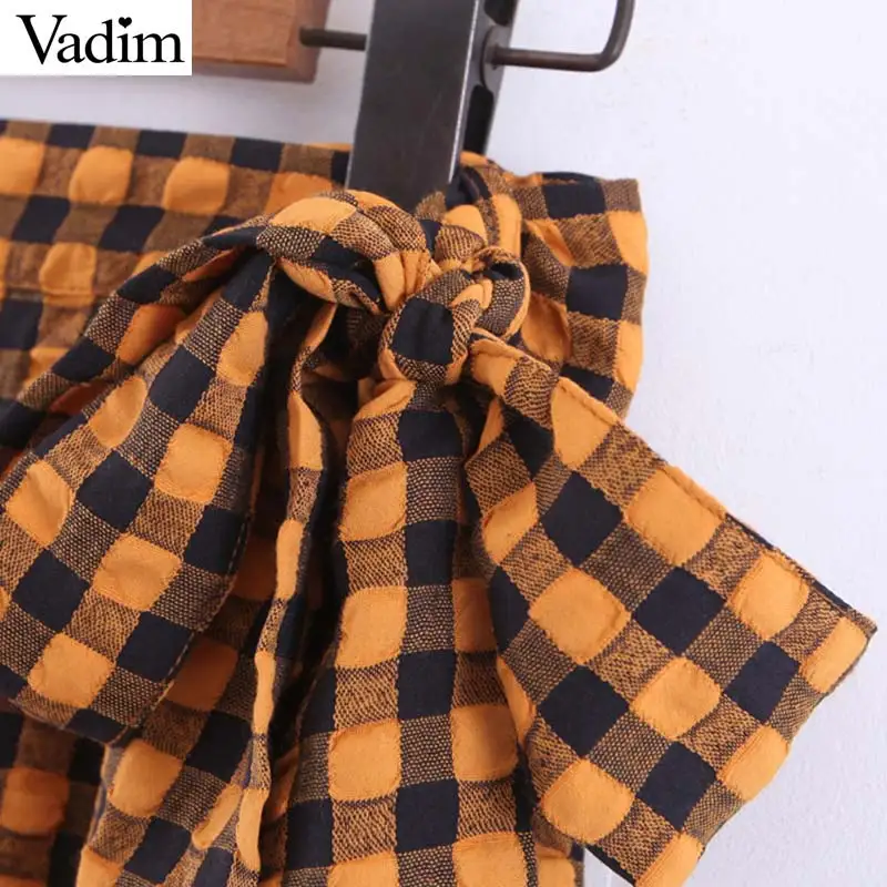 Вадим элегантные женские желтый plaid ruffled midi wrap skirt талии галстук-бабочка Дизайн