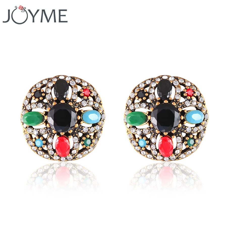 Женские серьги гвоздики в индийском стиле круглые черные полимерные богемном