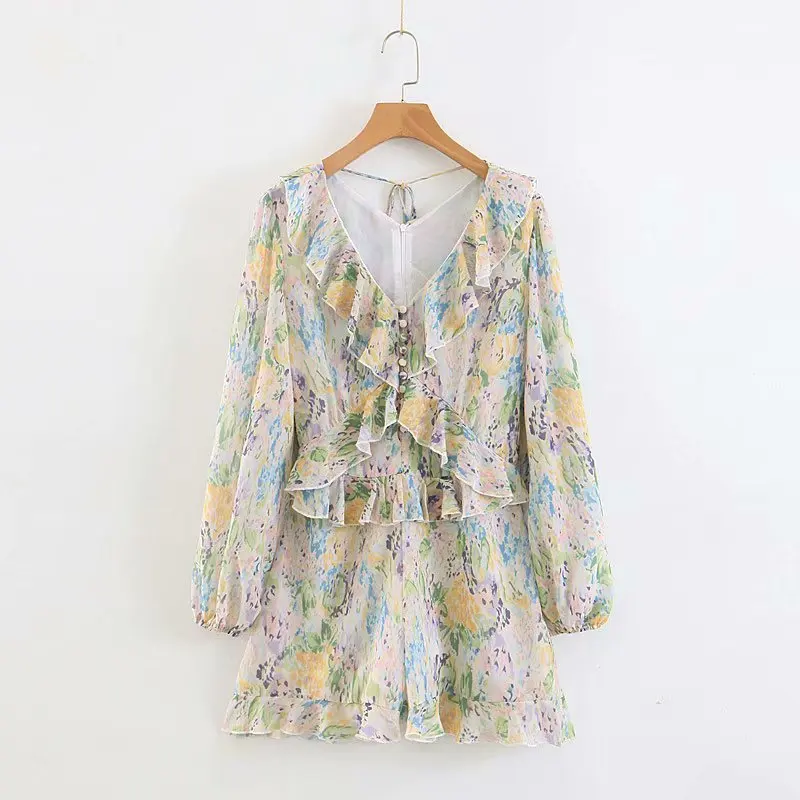 Женский короткий комбинезон с принтом шифоновый Облегающий оборками и v образным