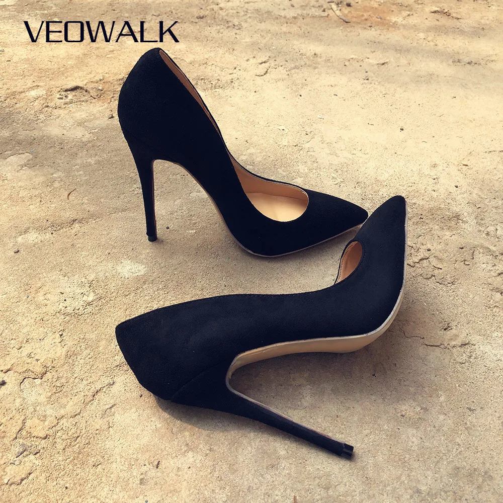 Veowalk/женские замшевые туфли-лодочки на шпильке; элегантные женские классические туфли с острым носком на высоком каблуке; пикантные слипоны из органической кожи; Цвет Черный; Индивидуальный заказ