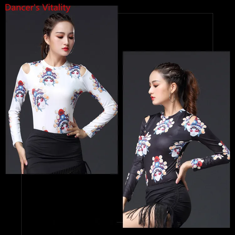 Women Long Sleeve Milk Silk Latin Dance Blouse Top Practice Sexy printing Round Neck White Black Free Shipping | Тематическая