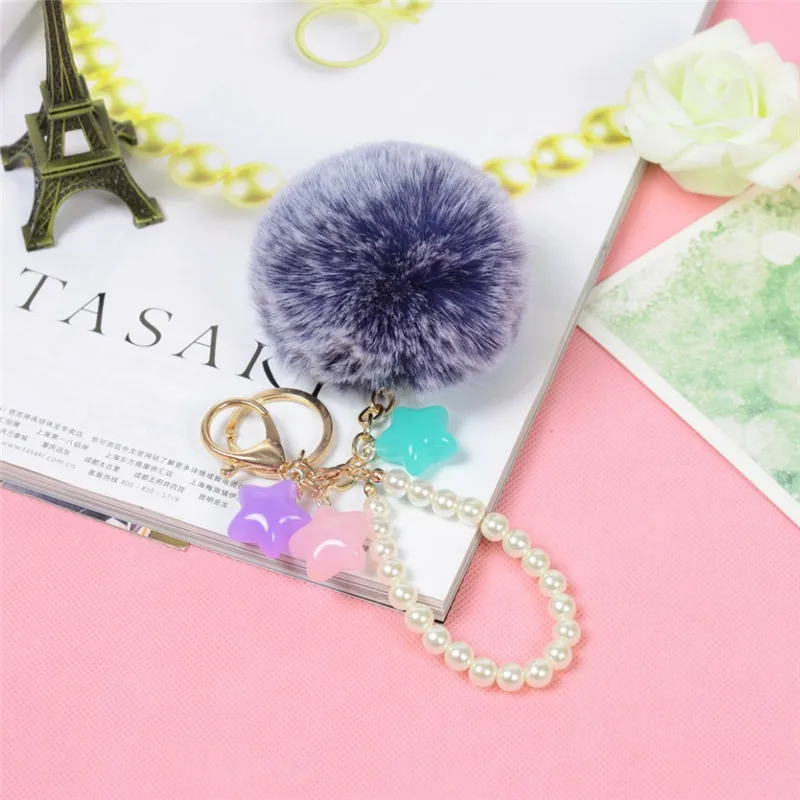 

Fashion Plush Imitated Rabbit Fur Ball Keychain With Beads Star Fur Pom Pom Key Chain Ball Pendant Bag Accessories EH710